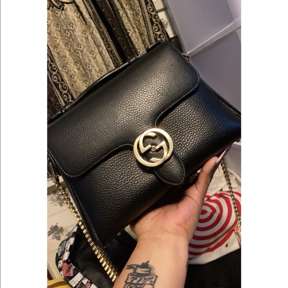 GG Interlocking Leather Chain Top Handle Bag Black